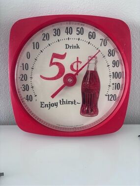 Vintage 12" Diameter Coca Cola 5 Cent Thermometer Enjoy Thirst Bottle - Working
